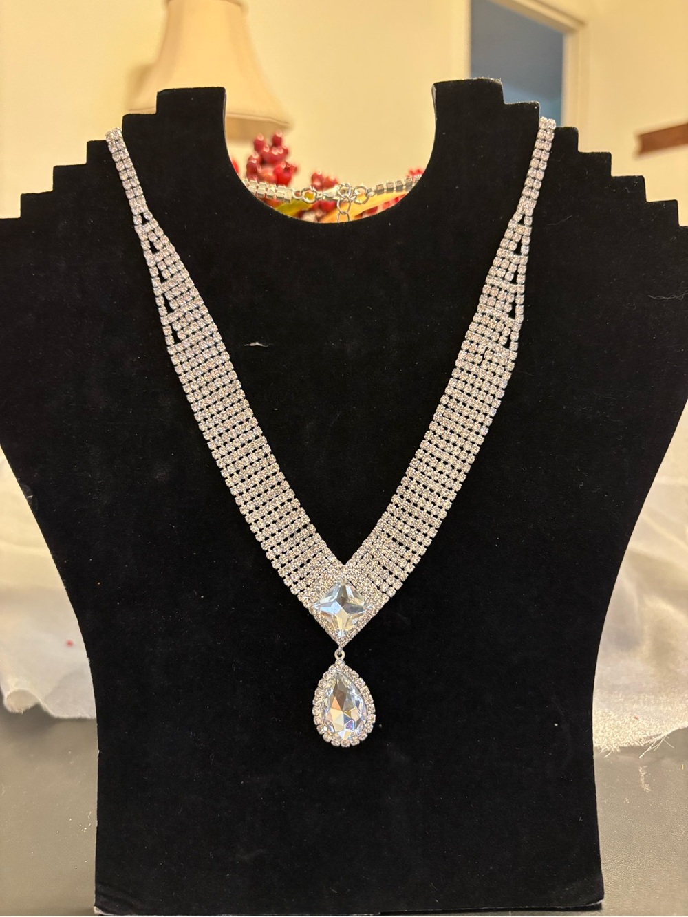 Crystal Teardrop Statement Necklace - Silver Tone